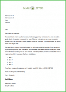 Letter showing how to announce a price rise